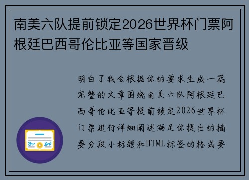 南美六队提前锁定2026世界杯门票阿根廷巴西哥伦比亚等国家晋级