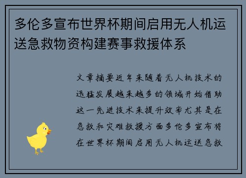 多伦多宣布世界杯期间启用无人机运送急救物资构建赛事救援体系 多伦多宣布世界杯期间启用无人机运送急救物资构建赛事救援体系